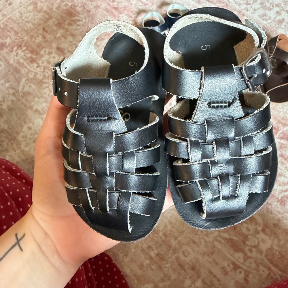 Kids Black Leather Sun Sans Woven Sandals